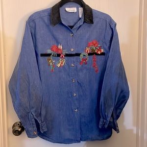 Vintage Christmas Casey & Max denim embroidered shirt velvet collar size M